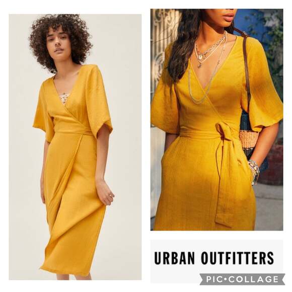 NWT urban outfitters yellow print wrap short sleeved dress size small - Picture 1 of 14